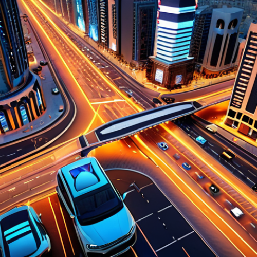 Home 20 **Prompt:** A dynamic, high-angle view of a futuristic smart city intersection in the Middle East. Dynamic, AI-powered traffic lights adapt in real-time, directing a smooth, efficient flow of modern cars. Subtle holographic data streams visualize interconnected IoT sensors and real-time traffic analytics across the smart roads. The urban landscape features modern skyscrapers with subtle Arabic architectural motifs, illuminated by the warm glow of dusk.
