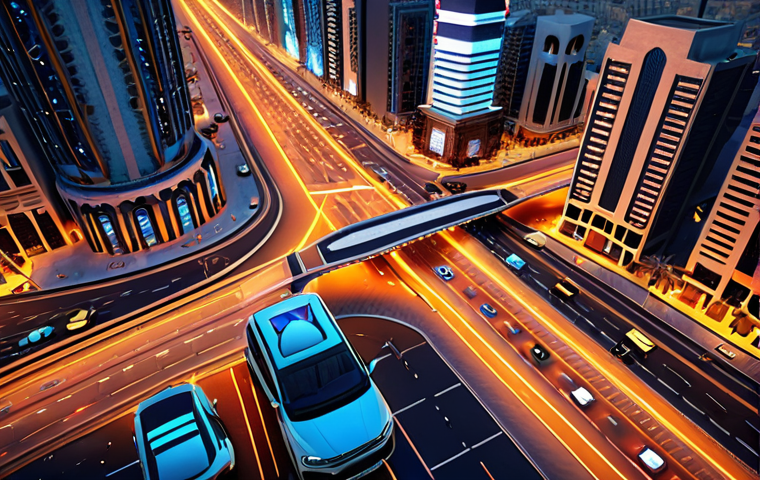 **Prompt:** A dynamic, high-angle view of a futuristic smart city intersection in the Middle East. Dynamic, AI-powered traffic lights adapt in real-time, directing a smooth, efficient flow of modern cars. Subtle holographic data streams visualize interconnected IoT sensors and real-time traffic analytics across the smart roads. The urban landscape features modern skyscrapers with subtle Arabic architectural motifs, illuminated by the warm glow of dusk.