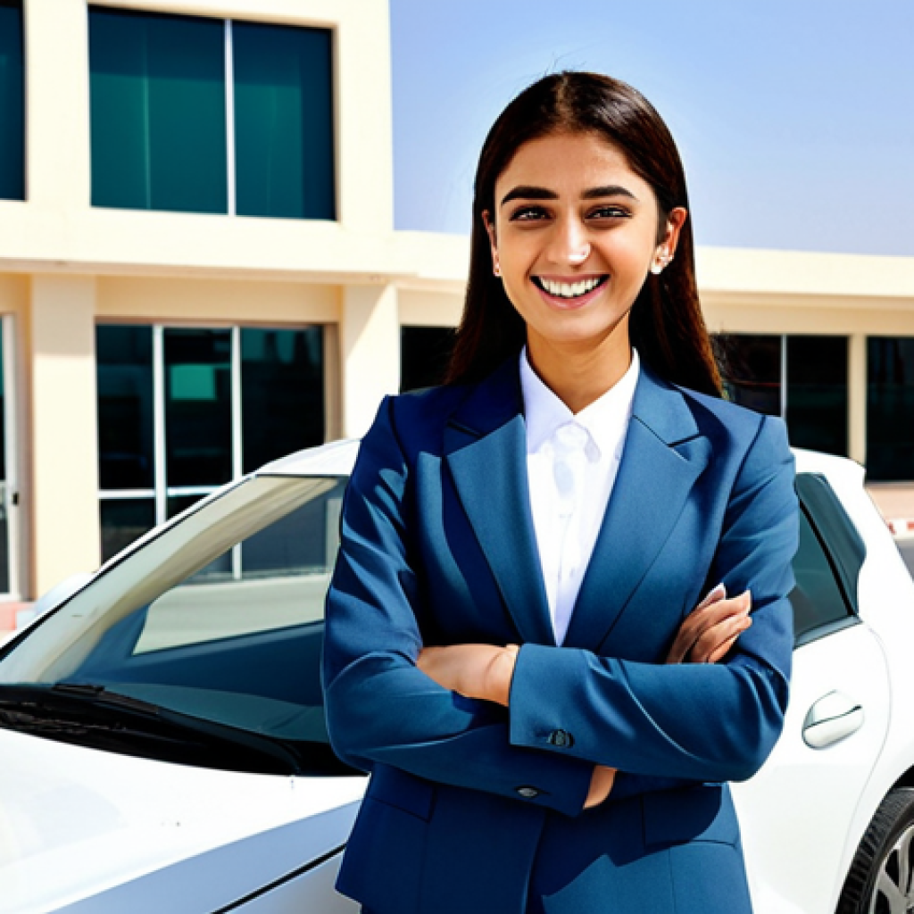 교통기사 시험 경험담 - ** "A young professional woman in a modest business suit, smiling confidently while holding car key...
