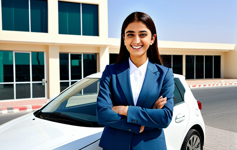교통기사 시험 경험담 - ** "A young professional woman in a modest business suit, smiling confidently while holding car key...