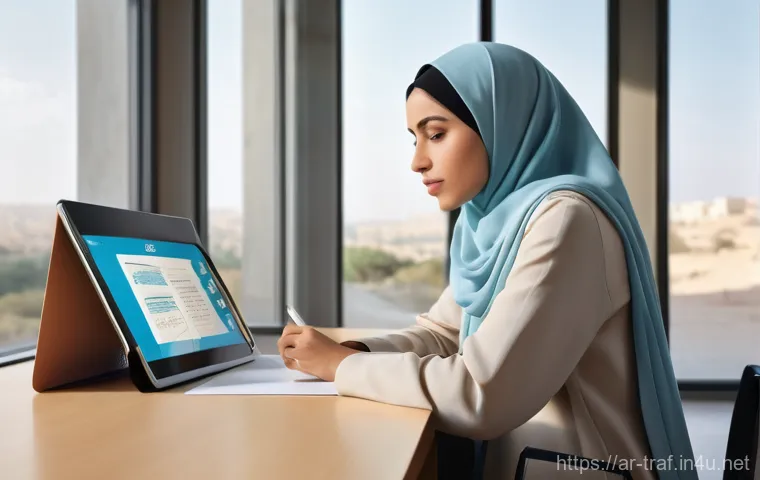 교통직 필기시험의 공략 포인트 - **Prompt:** A young, modestly dressed Arab woman sits attentively at a well-lit desk in a contempora...