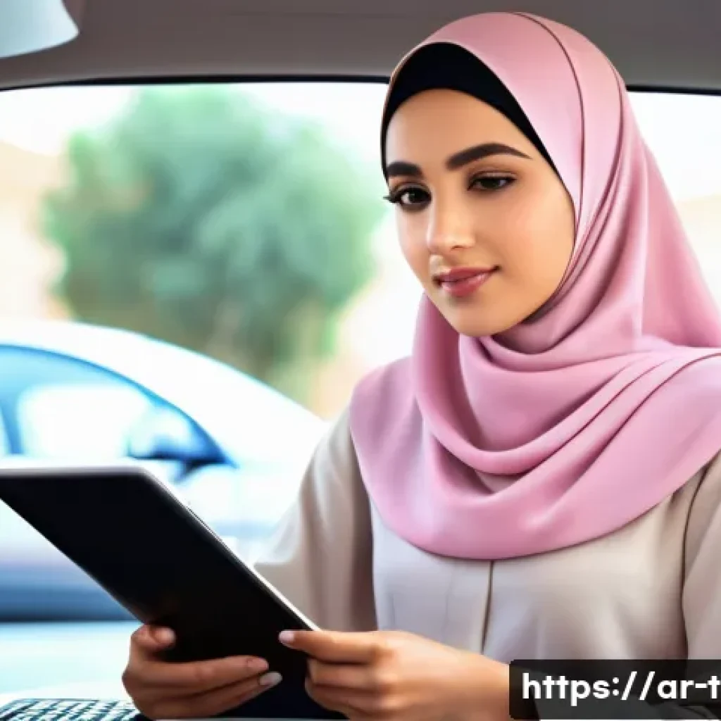 교통자격증 필수 학습 포인트 - **Prompt 1: The Aspiring Driver's Study Session** A bright and focused young Arab woman, dressed...