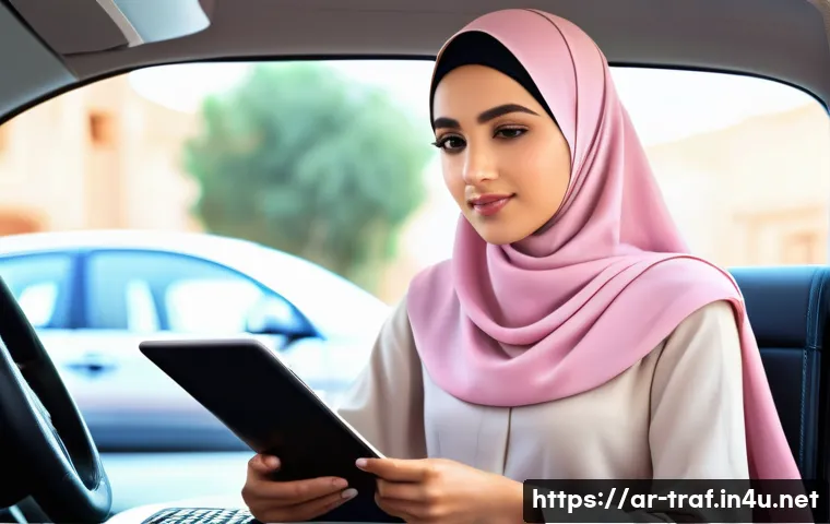 교통자격증 필수 학습 포인트 - **Prompt 1: The Aspiring Driver's Study Session** A bright and focused young Arab woman, dressed...
