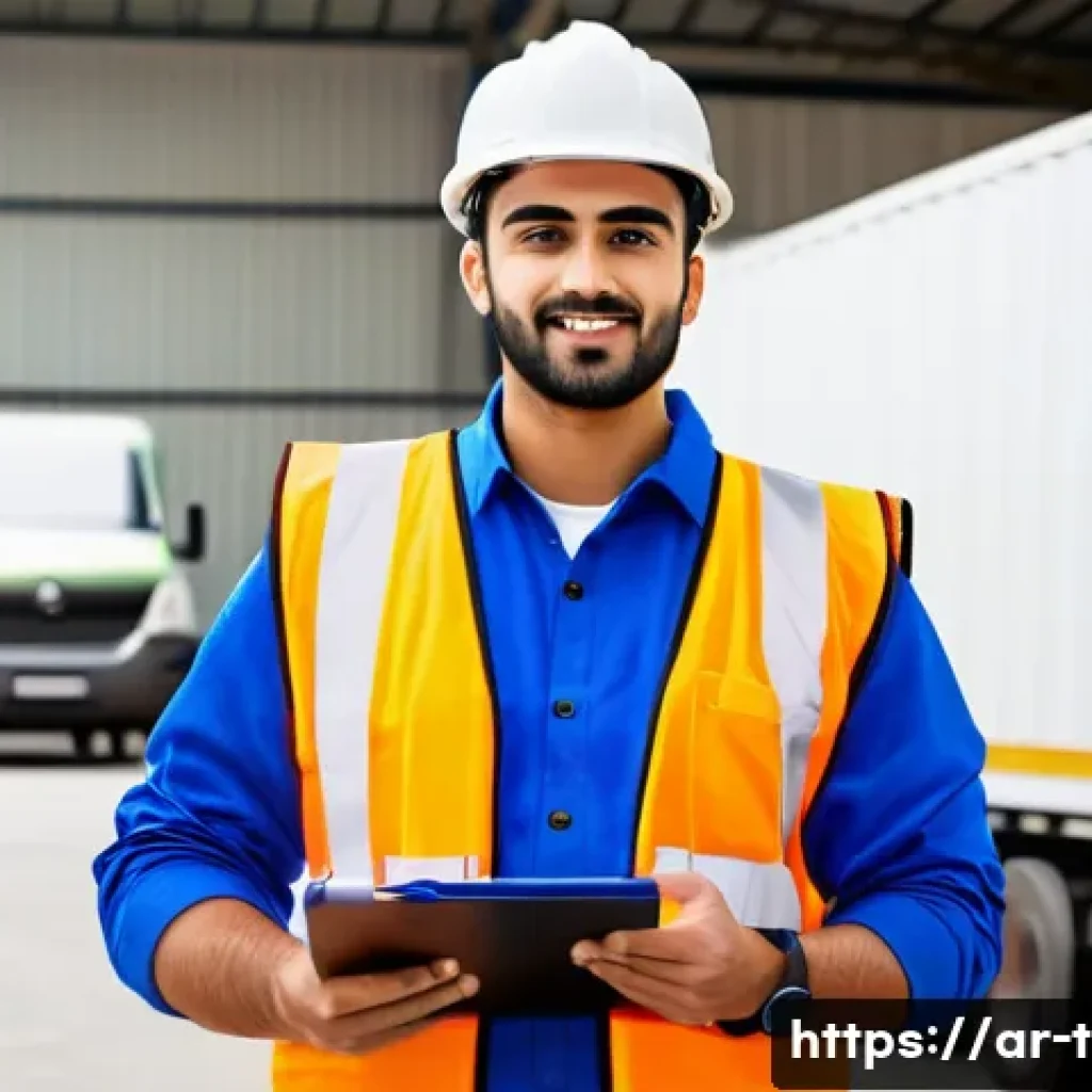 교통직 실무에서 자격증의 가치 분석 - A professional Arab male transport safety trainer wearing a branded uniform and safety vest, standin...