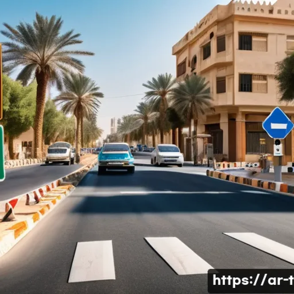 교통자격증 필수 학습과정 정리 - A detailed scene of a Middle Eastern urban street during daylight, featuring a diverse group of Arab...