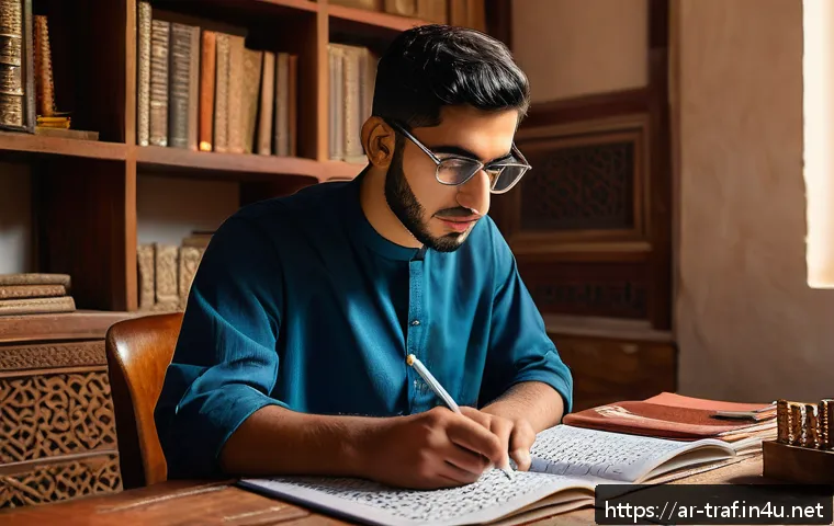 교통직 필기시험 단기 합격 사례 - A focused young Arab man studying traffic laws at a traditional wooden desk in a cozy, sunlit room d...
