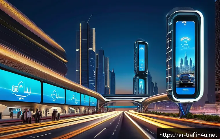 교통업계와 최신 기술 융합 사례 - A futuristic Middle Eastern cityscape at dusk showcasing smart connected transportation systems: sle...