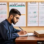 교통직 자격증 학습법과 합격률 - A focused Arabic male student in his early twenties studying for a transport certification exam at a...