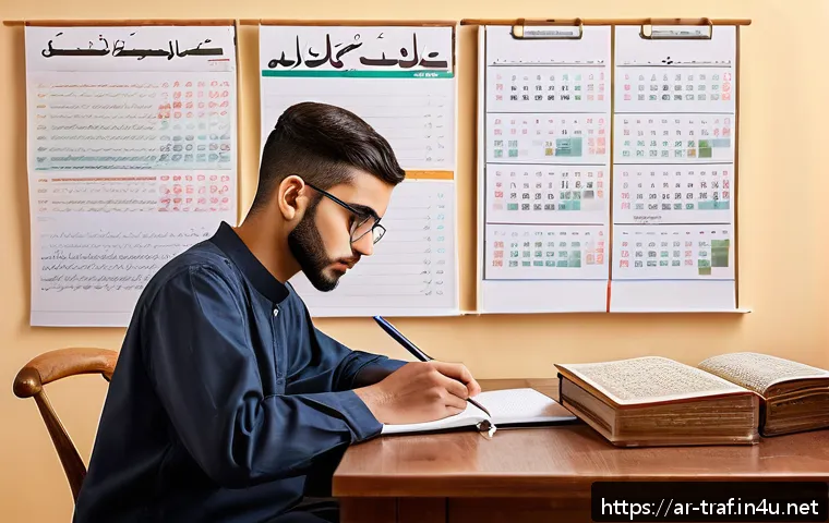 교통직 자격증 학습법과 합격률 - A focused Arabic male student in his early twenties studying for a transport certification exam at a...