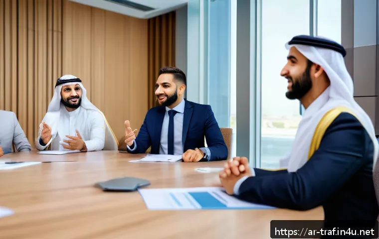 교통직 연봉 협상 성공 사례 - A diverse group of Arab transportation sector employees in a modern conference room engaged in a col...