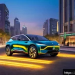교통 관련 IT 기술 적용 - A futuristic smart city street scene in an Arabic metropolis at dusk, showcasing intelligent transpo...