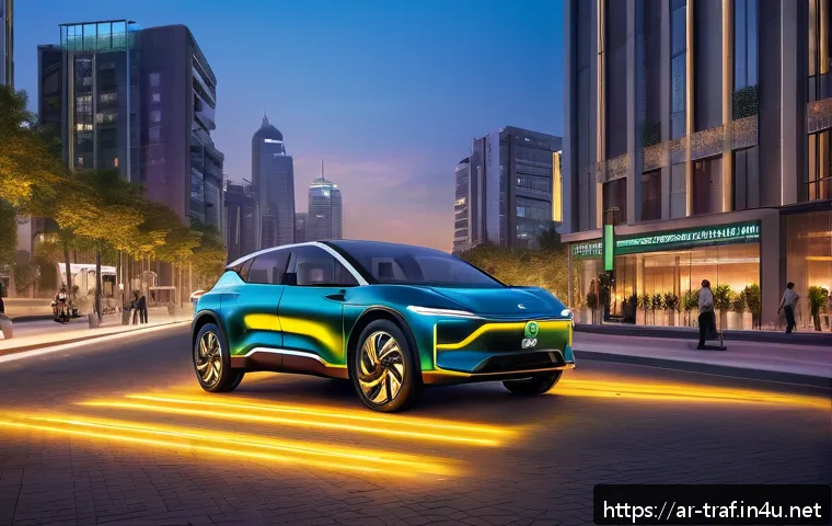 교통 관련 IT 기술 적용 - A futuristic smart city street scene in an Arabic metropolis at dusk, showcasing intelligent transpo...