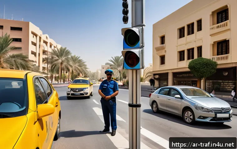 교통직 공무원 준비 과정 - A professional Arab traffic officer in a modern Middle Eastern city setting, wearing a neatly presse...