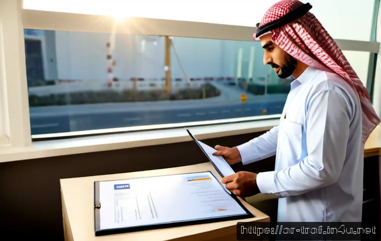 교통 관련 자격증 추천 - Photorealistic Arab transportation professional in a neat office, reviewing a blank certificate fold...