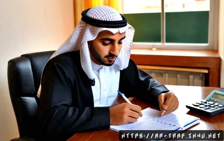 교통직 필기시험 고득점 전략 - Photorealistic study scene of a focused Arab civil service candidate preparing for a transportation ...